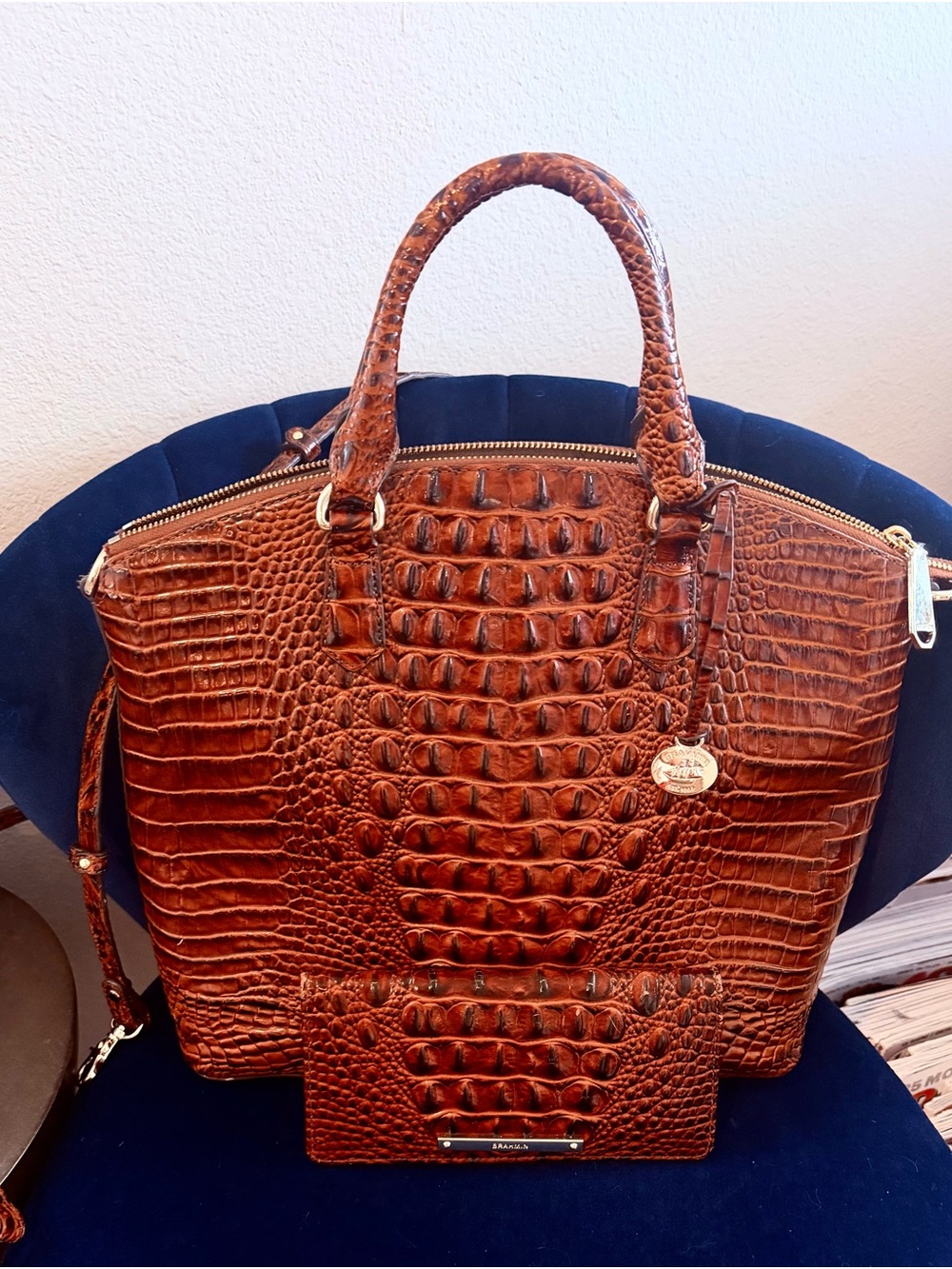 Brahmin Brown Croc-Embossed Leather Satchel Wallet Optional